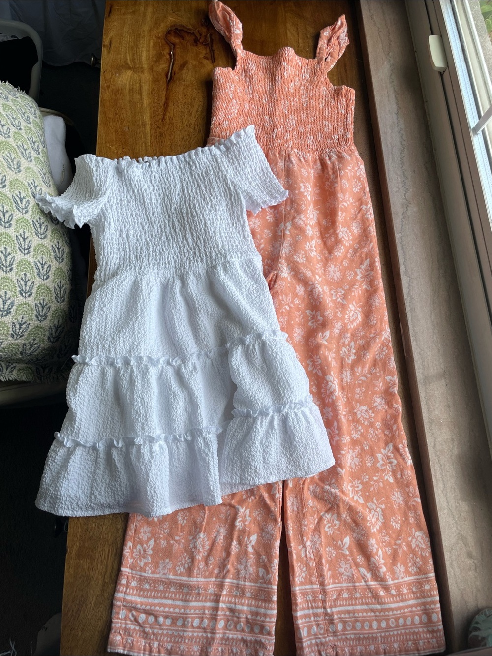 btween White Smocked Dress + Coral Floral Jumpsuit Set